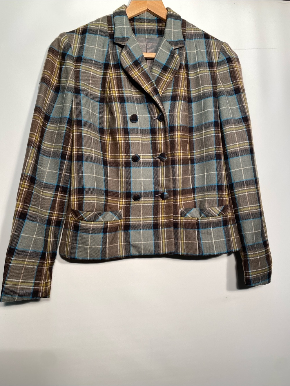 100% Wool Double-Breasted Vintage Plaid Blazer in Brown, Gray and Blue